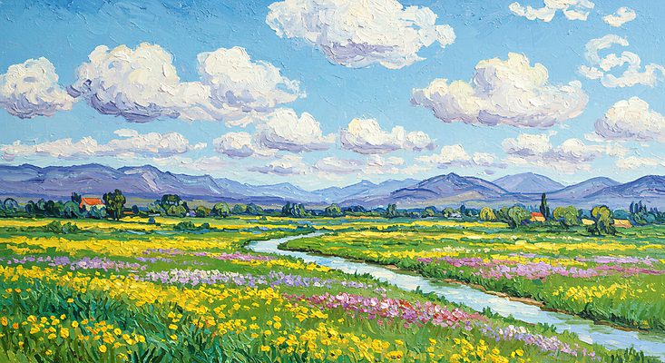 JPG 나무 구름 편집이미지 꽃밭 자연 하늘 산 풍경 사람없음 강 봄 질감 캔버스 유화 편집실사 자연요소 식물 계절 꽃 미술 CG 생태계 파일형식