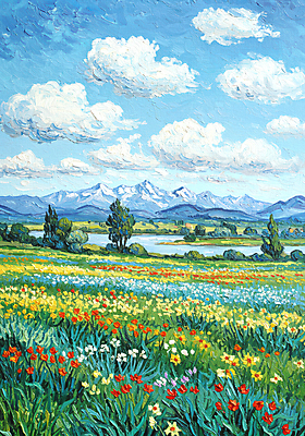 JPG 나무 구름 편집이미지 꽃밭 자연 하늘 산 풍경 사람없음 강 봄 질감 캔버스 유화 편집실사 자연요소 식물 계절 꽃 미술 CG 생태계 파일형식