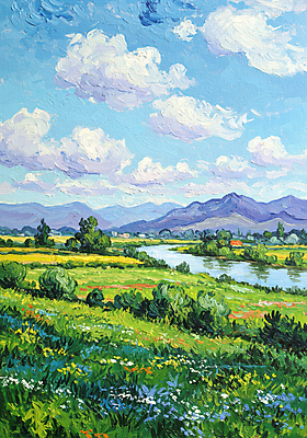 JPG 나무 구름 편집이미지 꽃밭 자연 하늘 산 풍경 사람없음 강 봄 질감 캔버스 유화 편집실사 자연요소 식물 계절 꽃 미술 CG 생태계 파일형식