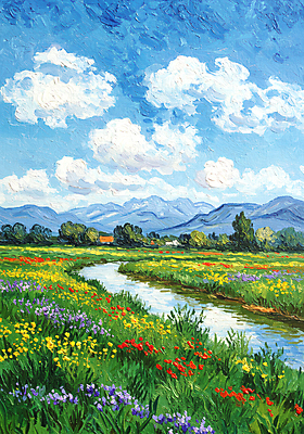 JPG 나무 구름 편집이미지 꽃밭 자연 하늘 산 풍경 사람없음 강 봄 질감 캔버스 유화 편집실사 자연요소 식물 계절 꽃 미술 CG 생태계 파일형식