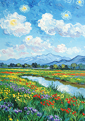 JPG 나무 구름 편집이미지 꽃밭 자연 하늘 산 풍경 사람없음 강 반사 봄 질감 캔버스 유화 편집실사 자연요소 식물 계절 꽃 미술 CG 생태계 파일형식