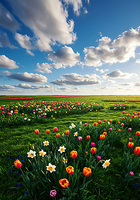 JPG 구름 편집이미지 꽃밭 자연 하늘 풍경 잔디 초원 사람없음 맑음 봄 튤립 수선화 편집실사 AI포토 AI콘텐츠 자연요소 식물 계절 꽃 날씨 CG 생태계 파일형식