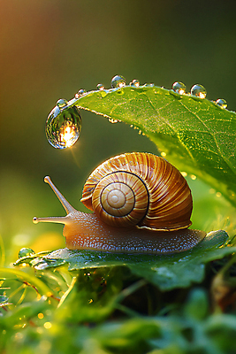 JPG 편집이미지 자연 나뭇잎 사람없음 초록색 이슬 달팽이 싱그러움 편집실사 AI포토 AI콘텐츠 컬러 잎 연체동물 CG 생태계 파일형식