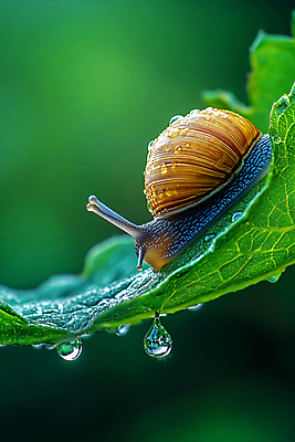 JPG 편집이미지 자연 나뭇잎 사람없음 초록색 이슬 달팽이 싱그러움 편집실사 AI포토 AI콘텐츠 컬러 잎 연체동물 CG 생태계 파일형식