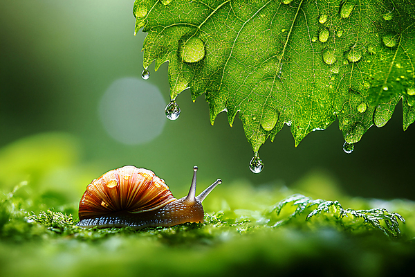 JPG 편집이미지 자연 나뭇잎 사람없음 초록색 이슬 달팽이 보케 싱그러움 편집실사 AI포토 AI콘텐츠 컬러 잎 연체동물 CG 생태계 파일형식