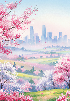 JPG 공원 일러스트 자연 하늘 수채화 빌딩 사람없음 봄풍경 도시 벚나무 언덕 국내일러스트 AI일러스트 AI콘텐츠 나무 공공시설 풍경 건물 봄 벚꽃 생태계 파일형식