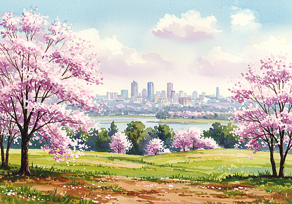 JPG 구름 공원 일러스트 자연 하늘 수채화 빌딩 잔디 사람없음 봄풍경 도시 벚나무 국내일러스트 AI일러스트 AI콘텐츠 자연요소 나무 식물 공공시설 풍경 건물 봄 벚꽃 생태계 파일형식