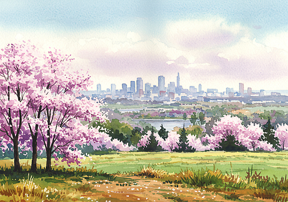 JPG 구름 공원 일러스트 자연 하늘 수채화 빌딩 잔디 사람없음 봄풍경 도시 벚나무 국내일러스트 AI일러스트 AI콘텐츠 자연요소 나무 식물 공공시설 풍경 건물 봄 벚꽃 생태계 파일형식