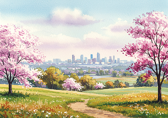 JPG 구름 공원 길 일러스트 자연 하늘 수채화 빌딩 잔디 사람없음 봄풍경 도시 벚나무 국내일러스트 AI일러스트 AI콘텐츠 자연요소 나무 식물 공공시설 풍경 건물 봄 벚꽃 생태계 파일형식