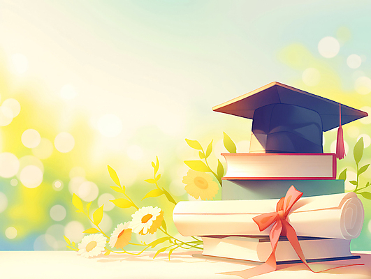 JPG 꽃 일러스트 학사모 따뜻함 사람없음 빛 햇빛 축하 풀잎 보케 화사함 책더미 국내일러스트 AI일러스트 AI콘텐츠 식물 모자_잡화 컨셉 잎 졸업 책 태양 풀_식물 무더기 파일형식