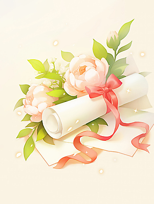 JPG 리본 종이 일러스트 나뭇잎 따뜻함 사람없음 빛 반짝임 장미 축하 졸업장 두루마리 국내일러스트 AI일러스트 AI콘텐츠 꽃 컨셉 잎 졸업 모션 파일형식