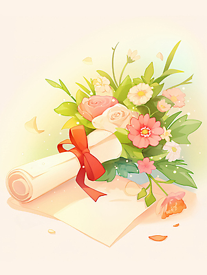 JPG 꽃 리본 종이 일러스트 따뜻함 사람없음 축하 풀잎 졸업장 두루마리 국내일러스트 AI일러스트 AI콘텐츠 식물 컨셉 잎 졸업 풀_식물 파일형식