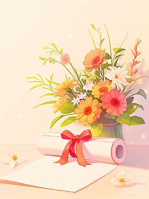 JPG 리본 종이 꽃다발 일러스트 따뜻함 사람없음 빛 꽃병 축하 풀잎 졸업장 두루마리 화사함 국내일러스트 AI일러스트 AI콘텐츠 꽃 컨셉 잎 졸업 풀_식물 파일형식