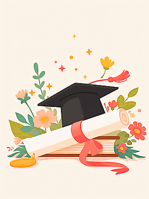 JPG 꽃 리본 종이 일러스트 학사모 따뜻함 사람없음 책 반짝임 축하 졸업장 두루마리 국내일러스트 AI일러스트 AI콘텐츠 식물 모자_잡화 컨셉 졸업 모션 파일형식