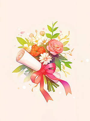 JPG 리본 종이 꽃다발 일러스트 따뜻함 사람없음 축하 풀잎 졸업장 두루마리 국내일러스트 AI일러스트 AI콘텐츠 꽃 컨셉 잎 졸업 풀_식물 파일형식