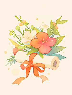 JPG 꽃 리본 종이 일러스트 따뜻함 사람없음 축하 풀잎 졸업장 두루마리 국내일러스트 AI일러스트 AI콘텐츠 식물 컨셉 잎 졸업 풀_식물 파일형식