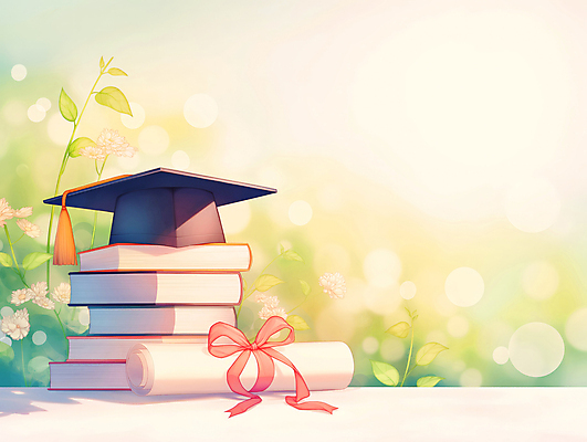 JPG 꽃 리본 종이 일러스트 학사모 따뜻함 사람없음 빛 축하 풀잎 졸업장 두루마리 교과서 보케 화사함 책더미 국내일러스트 AI일러스트 AI콘텐츠 식물 모자_잡화 컨셉 잎 졸업 교재 책 풀_식물 무더기 파일형식