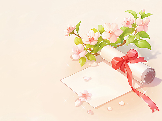 JPG 꽃잎 꽃 리본 종이 일러스트 나뭇잎 따뜻함 사람없음 나뭇가지 축하 졸업장 두루마리 국내일러스트 AI일러스트 AI콘텐츠 나무 식물 컨셉 잎 졸업 파일형식