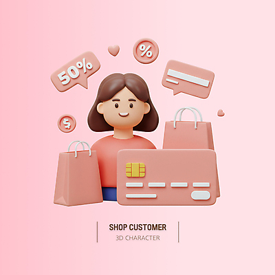PSD 편집이미지 여자 분홍색 말풍선 3D캐릭터 한명 미소 상반신 성인 쇼핑 쇼핑백 3D 달러 동전 하트 신용카드 50% 성인여자한명만 편집3D 모양 캐릭터 1 컬러 돈 가방 표정 사람 금융 퍼센트 디지털합성 여자한명만 성인여자만 파일형식