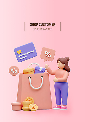 전신 PSD 편집이미지 여자 분홍색 말풍선 3D캐릭터 한명 미소 성인 선물상자 쇼핑 쇼핑백 3D 손들기 달러 동전 신용카드 퍼센트 성인여자한명만 편집3D 캐릭터 1 컬러 돈 가방 모션 표정 선물 사람 금융 상자 특수기호 디지털합성 여자한명만 성인여자만 파일형식