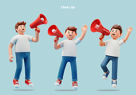 전신 PSD 편집이미지 남자 응원 들기 성인 세명 3D 손들기 점프 확성기 성인남자만 편집3D 모션 사람 디지털합성 남자만 성인만 파일형식