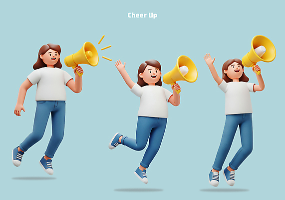 전신 PSD 편집이미지 여자 응원 들기 성인 세명 3D 손들기 점프 확성기 성인여자만 편집3D 모션 사람 디지털합성 여자만 성인만 파일형식