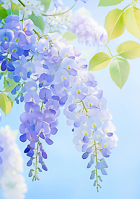 JPG 일러스트 하늘 나뭇잎 사람없음 햇빛 보라색 등나무꽃 국내일러스트 AI일러스트 AI콘텐츠 꽃 컬러 잎 태양 파일형식