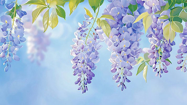 JPG 일러스트 하늘 나뭇잎 사람없음 햇빛 보라색 등나무꽃 국내일러스트 AI일러스트 AI콘텐츠 꽃 컬러 잎 태양 파일형식