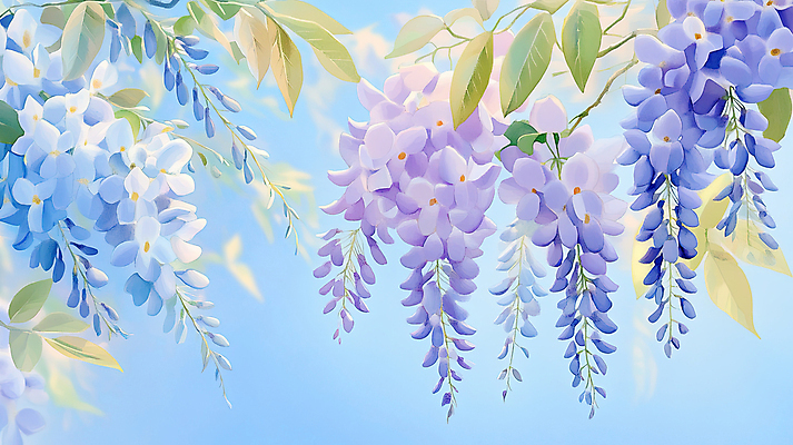 JPG 일러스트 하늘 나뭇잎 사람없음 햇빛 보라색 등나무꽃 국내일러스트 AI일러스트 AI콘텐츠 꽃 컬러 잎 태양 파일형식
