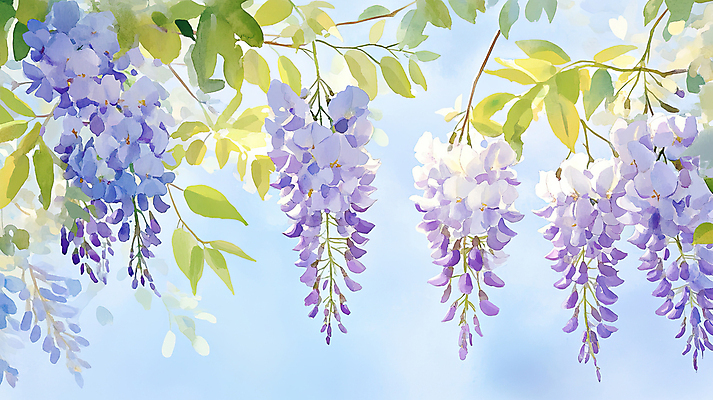 JPG 일러스트 하늘 나뭇잎 사람없음 햇빛 보라색 등나무꽃 국내일러스트 AI일러스트 AI콘텐츠 꽃 컬러 잎 태양 파일형식
