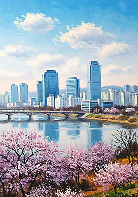 JPG 구름 편집이미지 하늘 사람없음 봄풍경 벚꽃 도시 빌딩숲 유화 풍경화 한강다리 이미지편집 편집실사 자연요소 꽃 미술 풍경 빌딩 봄 다리_건축물 CG 한강 그림 파일형식