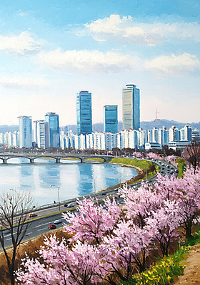 JPG 구름 편집이미지 도로 하늘 사람없음 봄풍경 벚꽃 도시 한강 빌딩숲 유화 풍경화 이미지편집 편집실사 자연요소 꽃 길 교통시설 서울 미술 풍경 빌딩 봄 CG 그림 랜드마크 파일형식