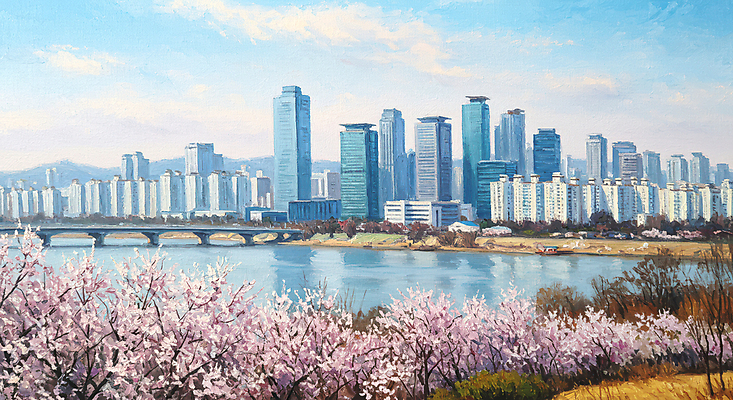 JPG 구름 편집이미지 하늘 사람없음 봄풍경 벚꽃 도시 빌딩숲 유화 풍경화 한강다리 이미지편집 편집실사 자연요소 꽃 미술 풍경 빌딩 봄 다리_건축물 CG 한강 그림 파일형식