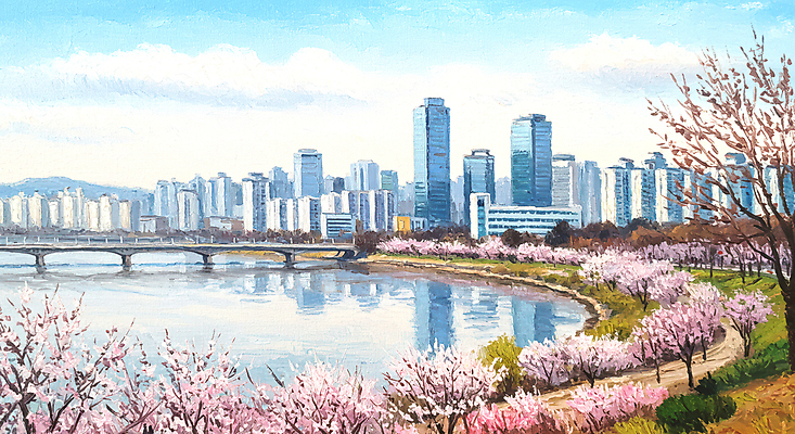 JPG 구름 편집이미지 하늘 사람없음 봄풍경 벚꽃 도시 빌딩숲 유화 풍경화 한강다리 이미지편집 편집실사 자연요소 꽃 미술 풍경 빌딩 봄 다리_건축물 CG 한강 그림 파일형식