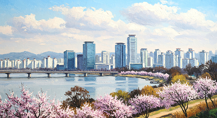 JPG 구름 편집이미지 하늘 사람없음 봄풍경 벚꽃 도시 빌딩숲 유화 풍경화 한강다리 이미지편집 편집실사 자연요소 꽃 미술 풍경 빌딩 봄 다리_건축물 CG 한강 그림 파일형식