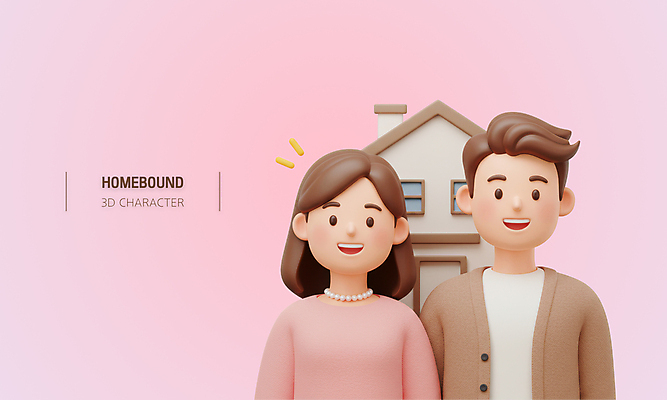 PSD 편집이미지 부부 여자 남자 분홍색 주택 미소 상반신 성인 두명 3D 성인만 편집3D 커플 컬러 표정 사람 건물 디지털합성 파일형식