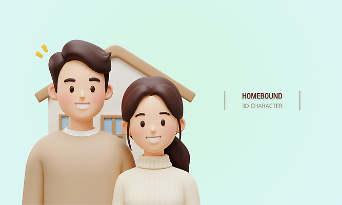 PSD 편집이미지 부부 여자 남자 하늘색 주택 미소 상반신 성인 두명 3D 성인만 편집3D 커플 표정 사람 건물 파란색 디지털합성 파일형식