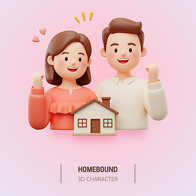 PSD 편집이미지 부부 여자 남자 분홍색 주택 미소 상반신 성인 두명 3D 파이팅 하트 성인만 편집3D 모양 커플 컬러 모션 표정 사람 건물 디지털합성 파일형식