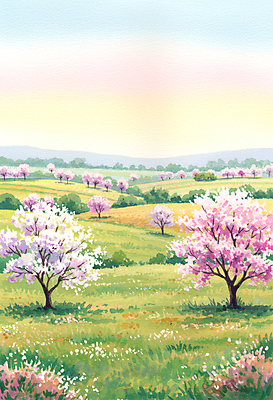 JPG 일러스트 자연 하늘 수채화 산 잔디 사람없음 봄풍경 벚나무 동산 국내일러스트 AI일러스트 AI콘텐츠 나무 식물 풍경 봄 벚꽃 생태계 파일형식