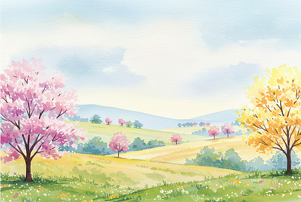 JPG 일러스트 자연 하늘 수채화 산 잔디 사람없음 봄풍경 벚나무 동산 국내일러스트 AI일러스트 AI콘텐츠 나무 식물 풍경 봄 벚꽃 생태계 파일형식