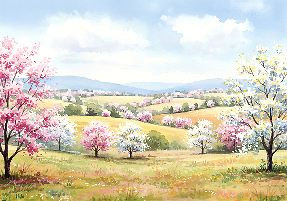 JPG 구름 일러스트 자연 하늘 수채화 산 잔디 사람없음 봄풍경 벚나무 동산 국내일러스트 AI일러스트 AI콘텐츠 자연요소 나무 식물 풍경 봄 벚꽃 생태계 파일형식