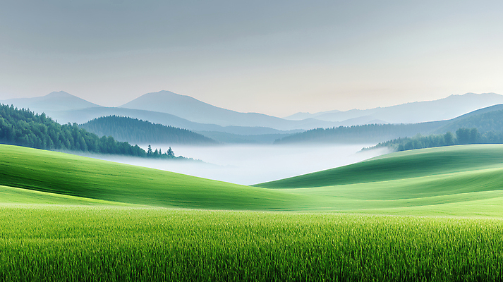 JPG 편집이미지 풍경 잔디 초원 사람없음 초록색 고요 봄 안개 산맥 편집실사 AI포토 AI콘텐츠 식물 계절 컬러 날씨 산 CG 파일형식