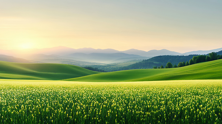 JPG 편집이미지 풍경 잔디 초원 사람없음 초록색 햇빛 태양 노을 고요 봄 들꽃 산맥 편집실사 AI포토 AI콘텐츠 자연요소 식물 계절 꽃 컬러 산 CG 파일형식