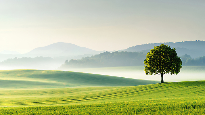 JPG 나무 편집이미지 풍경 잔디 초원 사람없음 초록색 고요 봄 안개 산맥 편집실사 AI포토 AI콘텐츠 식물 계절 컬러 날씨 산 CG 파일형식