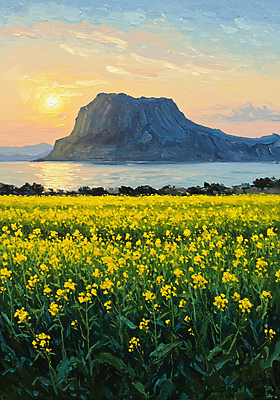 JPG 구름 편집이미지 바다 섬 자연 하늘 풍경 사람없음 일출 봄 유채밭 유화 풍경화 편집실사 자연요소 계절 밭 미술 노을 CG 유채 그림 생태계 파일형식