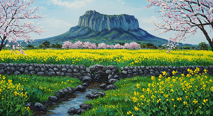 JPG 편집이미지 자연 하늘 돌담 풍경 사람없음 봄 잡초 개울 벚나무 유채밭 유화 풍경화 편집실사 나무 식물 계절 밭 미술 담장 강 벚꽃 돌_바위 CG 유채 그림 생태계 파일형식