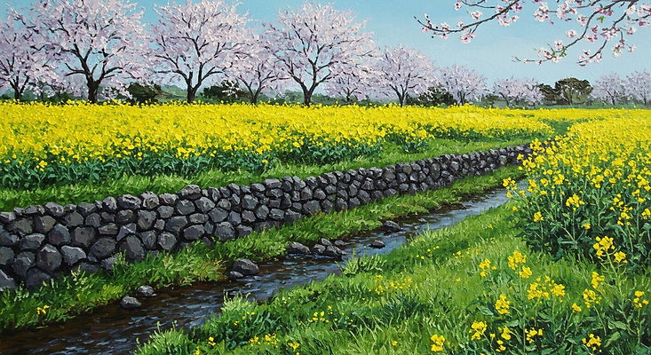 JPG 편집이미지 자연 하늘 돌담 풍경 사람없음 봄 잡초 개울 벚나무 유채밭 유화 풍경화 편집실사 나무 식물 계절 밭 미술 담장 강 벚꽃 돌_바위 CG 유채 그림 생태계 파일형식