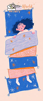 전신 PSD 여자 어린이 일러스트 베개 휴식 소녀 두명 파란색 이불 침대 잠 숙면 소녀만 국내일러스트 세계수면의날 기념일 컬러 가구 컨셉 침구 사람 여자만 어린이만 파일형식