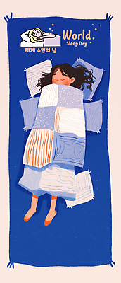전신 PSD 여자 어린이 일러스트 베개 휴식 소녀 두명 파란색 이불 침대 잠 숙면 소녀만 국내일러스트 세계수면의날 기념일 컬러 가구 컨셉 침구 사람 여자만 어린이만 파일형식