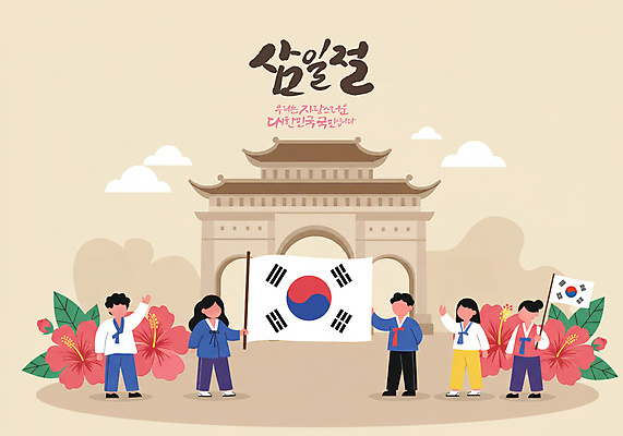 PSD 구름 여자 남자 어린이 고건축 잎 일러스트 들기 소녀 소년 여러명 손들기 태극기 한복 삼일절 무궁화 성문 애국심 국민 얼굴없음 어린이만 만세운동 대한독립 국내일러스트 자연요소 식물 한국전통 건축물 꽃 다수 모션 사람 공휴일 성 국기 전통의상 국경일 독립 독립운동 파일형식